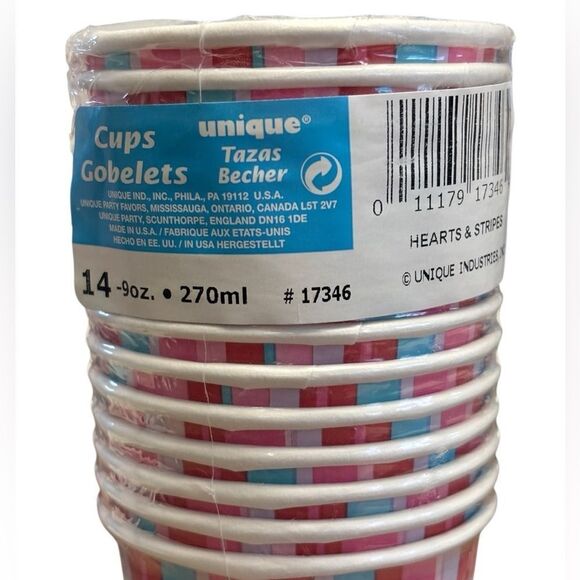 Vintage pkg. of NEW Valentine Hearts & Stripes Hot/Cold 9oz. pack of 14 cups - Picture 2 of 4